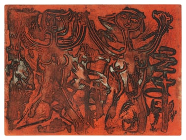 20th Century American School, Abstract Figures,Etching and aquatint in colors on paper, Plate: