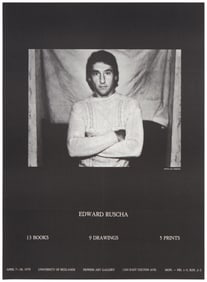 An exhibition poster for "Edward Ruscha: 13 Books, 9 Drawings, 5 Prints - April 7-28, 1978,