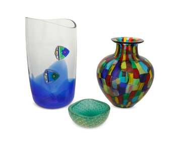 Three Murano art glass vessels