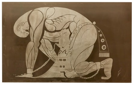 A frosted glass panel after Erte's "Samson and Delilah"