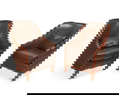 After I.M. Pei (1917-2019), Two chairs in the manner of I.M. Pei for the Four Seasons, mid-20th: After I.M. Pei (1917-2019)Two chairs in the manner of I.M. Pei for the Four Seasons, mid-20th centuryEach With paper tag: Beverly InteriorsThe chairs with continuous sloped crest rail/armrests, featur