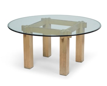 A custom wood and glass patio table