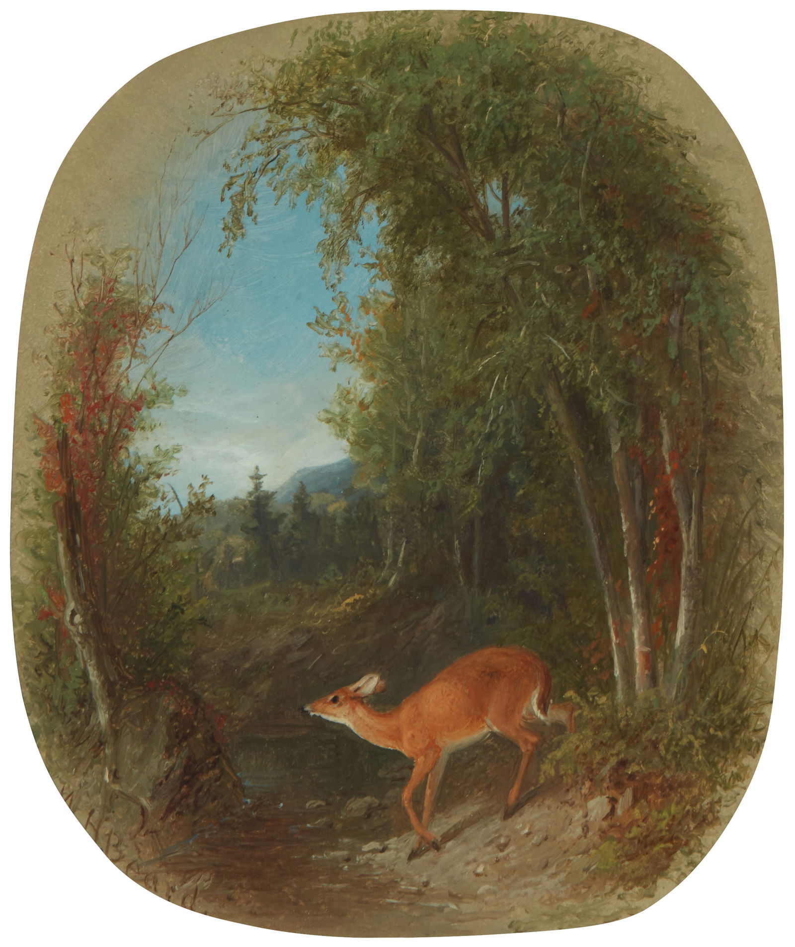 William Holbrook Beard (1824-1900), "Deer in a Landscape": William Holbrook Beard(1824-1900)"Deer in a Landscape"Oil on boardSigned lower left: W.H. Beard; titled on the frame plaque; titled again on a gallery label affixed to the frame's backing pa