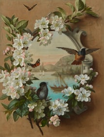 Paul de Longpre (1855-1911), Harbor view with birds and insects and a garland of flowers