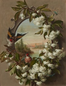 Paul de Longpre (1855-1911), Harbor view with birds and a garland of flowers