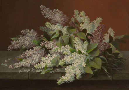 Raoul de Longpre (1843-1911), "Still Life of Lilacs": Raoul de Longpre(1843-1911)"Still Life of Lilacs"Gouache on paperboardSigned lower right: R.M. De Longpre; titled on a gallery label affixed to the frame's backing paper19.5" H x 27.5&q