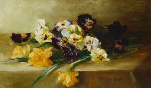 Matilda Browne (1869-1947), Still life of yellow carnations and pansies