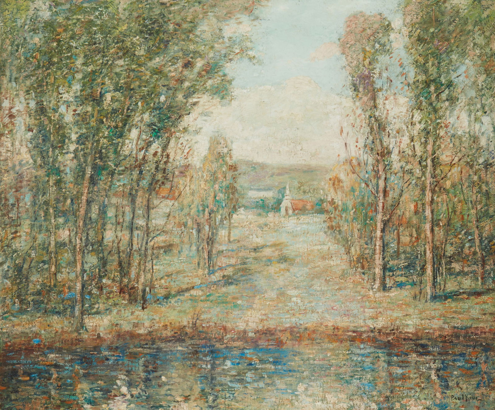 Paul Bernard King (1867-1947), Lakefront landscape with distant church: Paul Bernard King(1867-1947)Lakefront landscape with distant churchOil on canvasSigned lower right: Paul King25" H x 30" W