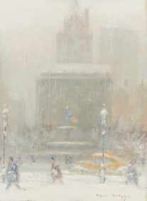 Johann Berthelsen (1883-1972), The Pulitzer Fountain at Grand Army Plaza, New York in winter