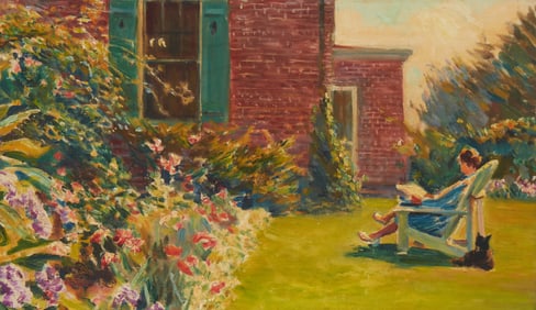 Attributed to Helena Sturtevant (1872-1946), Woman with dog reading in a sunny garden, circa 1930
