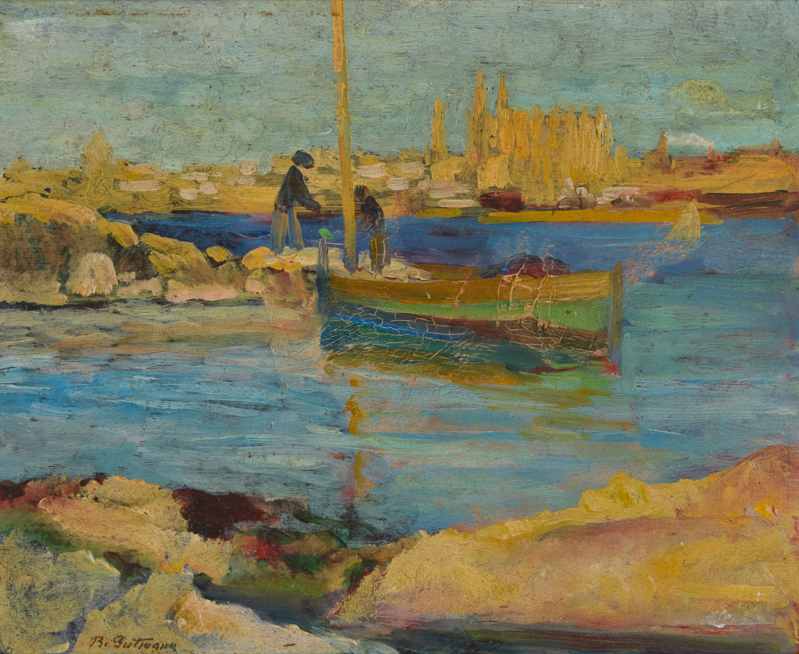 Bernhard Gutmann (1869-1936), "Harbor of Palma, Mallorca": Bernhard Gutmann(1869-1936)"Harbor of Palma, Mallorca"Oil on panelSigned lower left: B. Gutmann; titled verso; signed again and an alternate title in ink on an exhibition label affixed verso