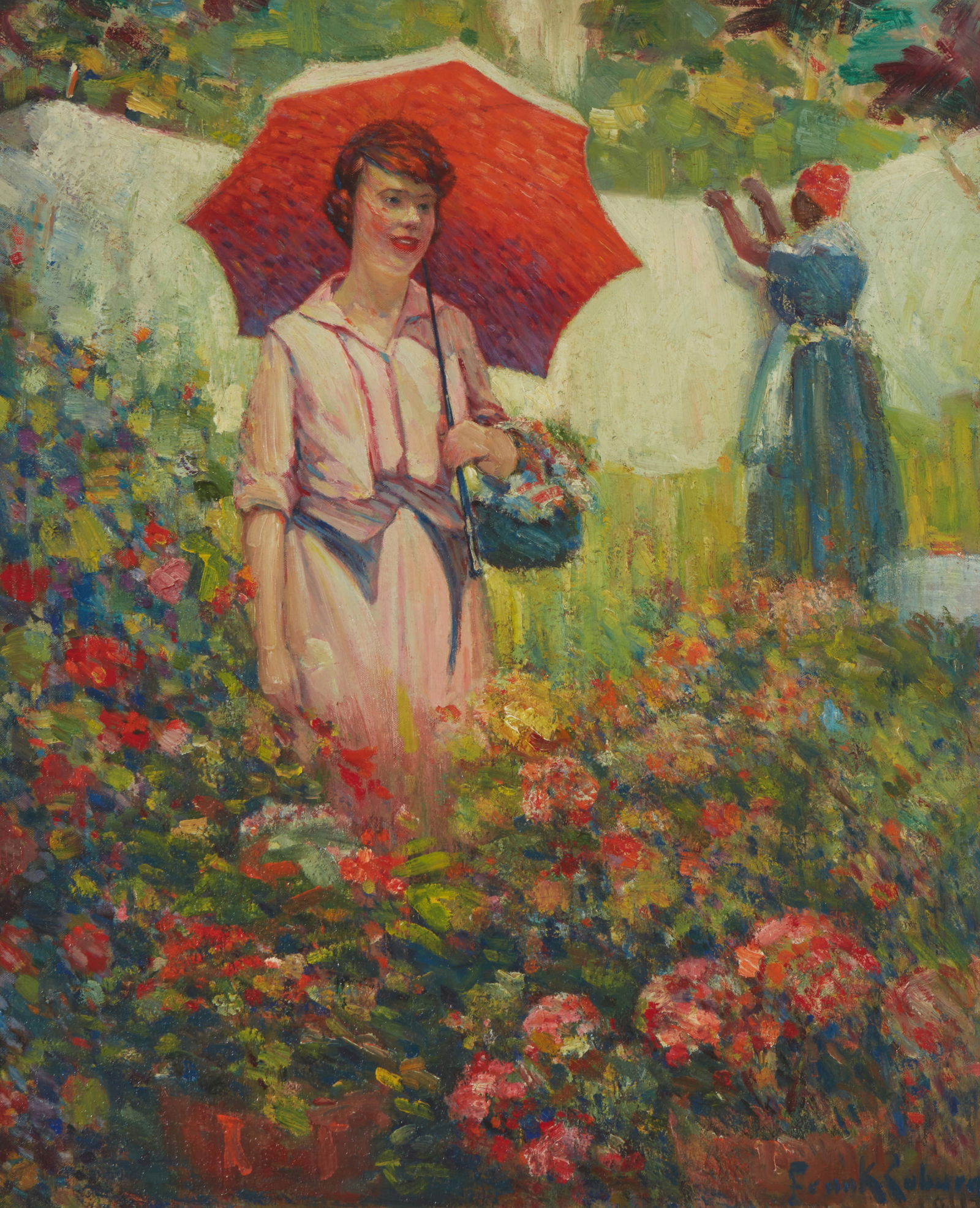 Frank Coburn (1862-1938), "Pink Lady with Parasol in Flower Garden," 1917: Frank Coburn(1862-1938)"Pink Lady with Parasol in Flower Garden," 1917Oil on canvasSigned and dated lower right: Frank Coburn; titled and dated again on a gallery label affixed to the frame'