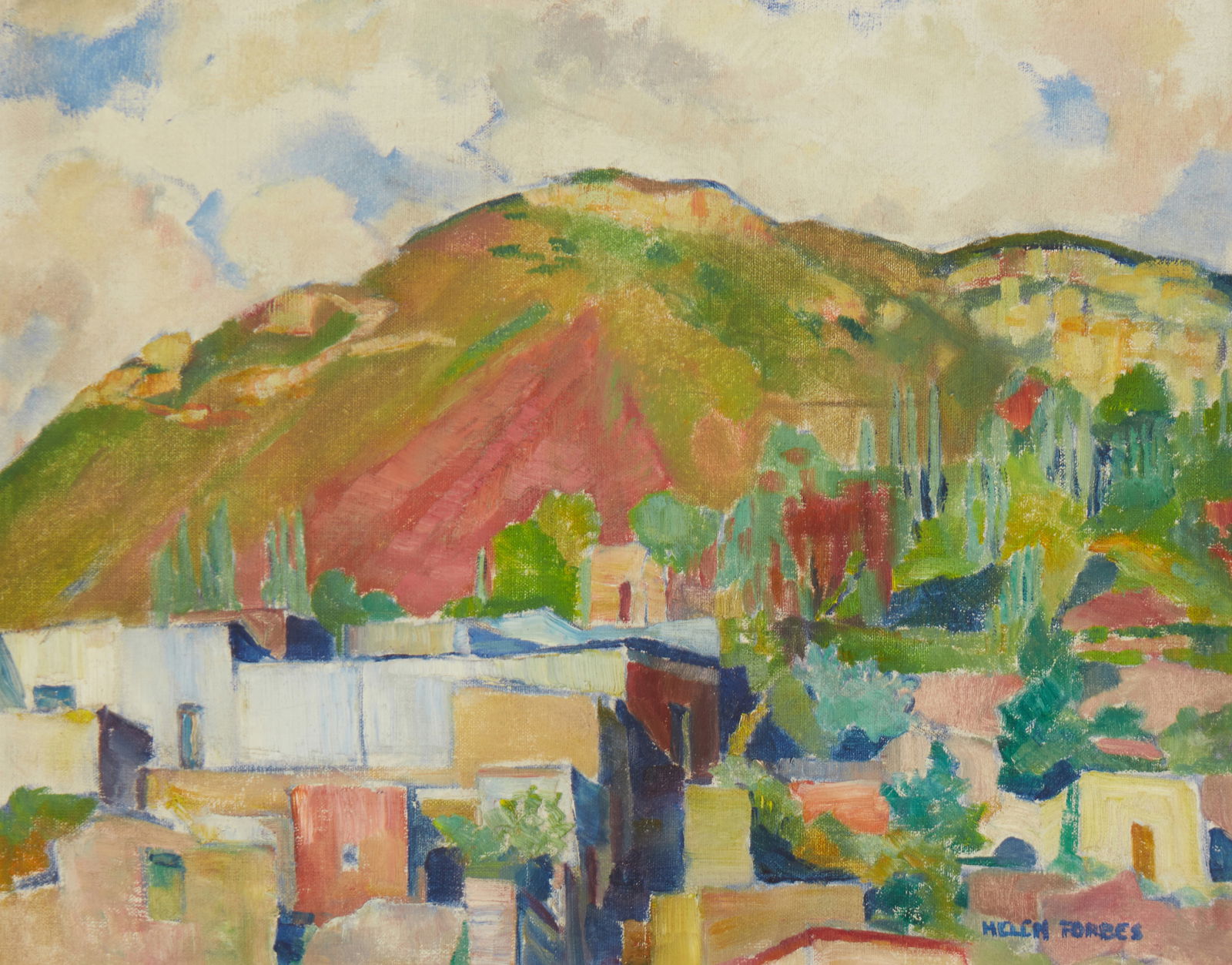 Helen Forbes (1891-1945), "Village with Mountain," circa 1926: Helen Forbes(1891-1945)"Village with Mountain," circa 1926Oil on canvasSigned lower right: Helen Forbes; titled on the frame plaque16" H x 20" W