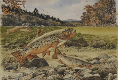 Eldridge Hardie (1940-2021), "Wyoming Autumn - Brown Trout and Pale Morning Duns," 1975