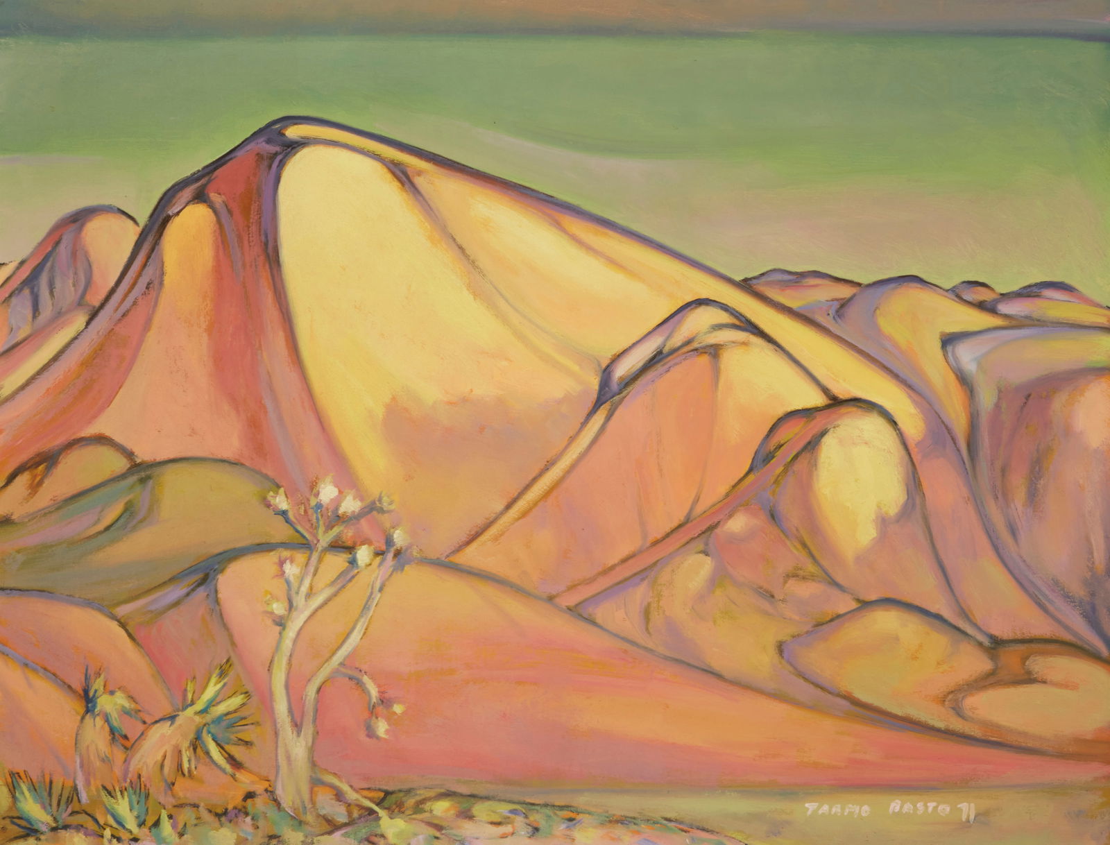 Tarmo Pasto (1906-1986), "Three Sentinels," 1971: Tarmo Pasto(1906-1986)"Three Sentinels," 1971Oil on canvasSigned and dated lower right: Tarmo Pasto 71; titled and inscribed "46" in black pen on the stretcher26" H x 34"