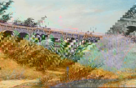 Ben Abril (1923-1995), "Colorado Street Bridge," Oil on canvas, 24" H x 36" W