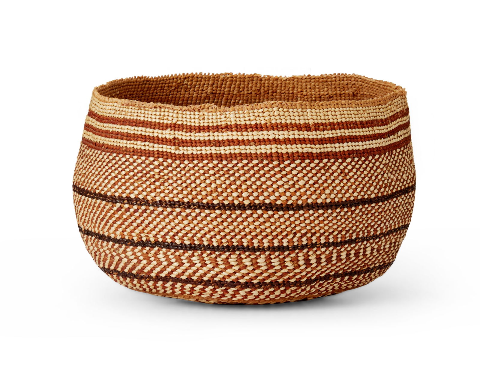 A Hupa polychrome basketry bowl: A Hupa polychrome basketry bowlEarly/mid-20th century; Northwest CaliforniaThe twined bowl with imbricated red, dark brown, and light brown banded stripes4.75" H x 7.375" Dia.