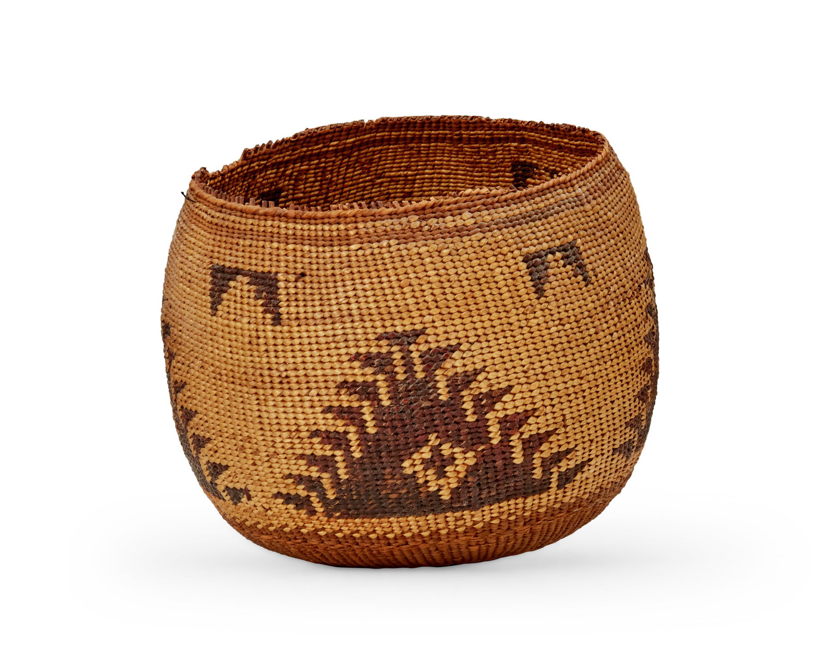 An Achomawi basketry bowl: An Achomawi basketry bowl Late 19th century; Northern California The twined bowl with brown quail top knot motifs 6.5" H x 7" Dia.