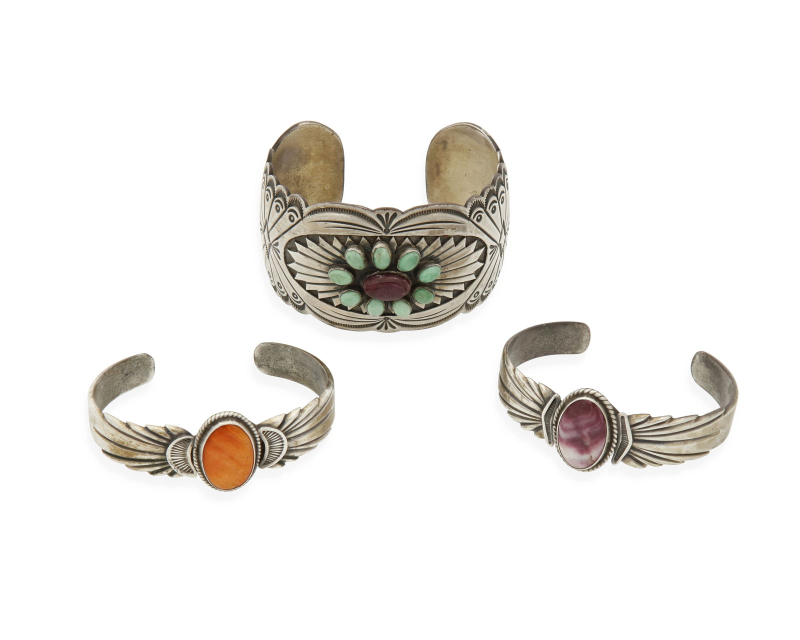 A group of Navajo sterling silver and stone set cuff bracelets (1 of 2)