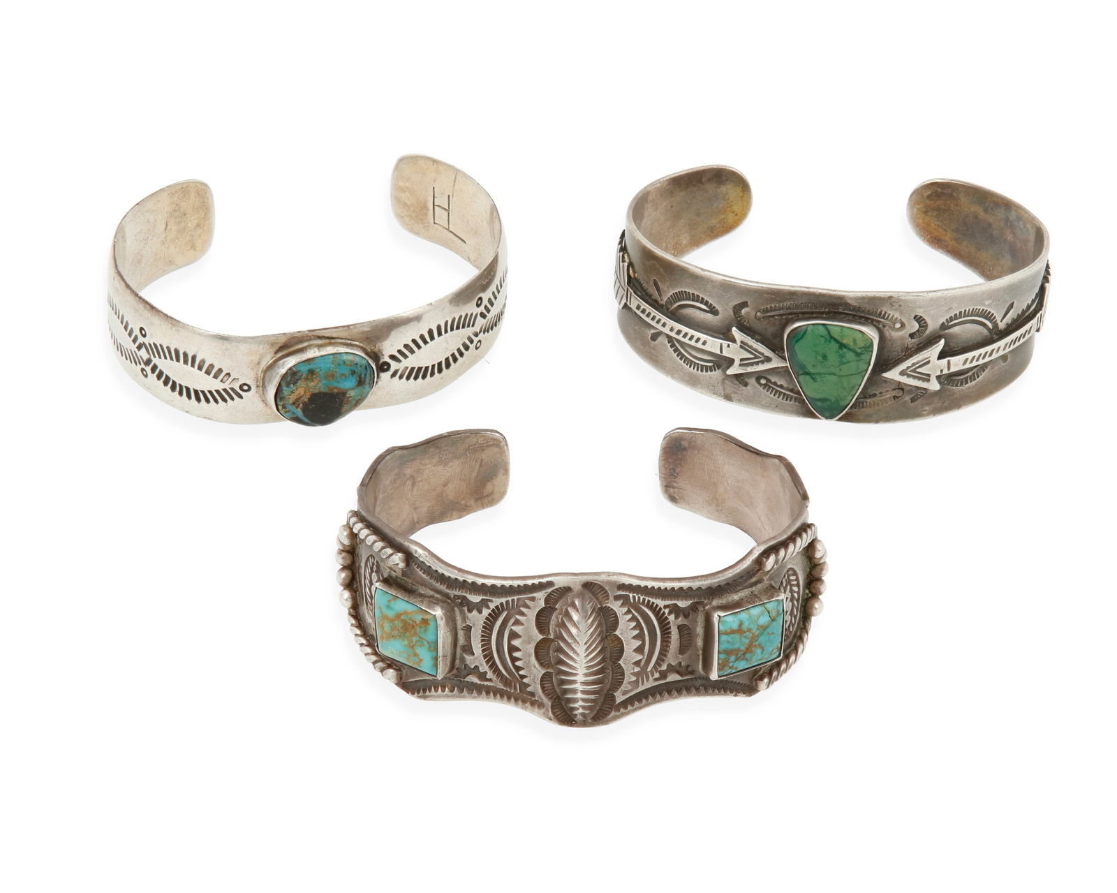 Three Fred Harvey-style Southwest silver and turquoise cuff bracelets (1 of 2)
