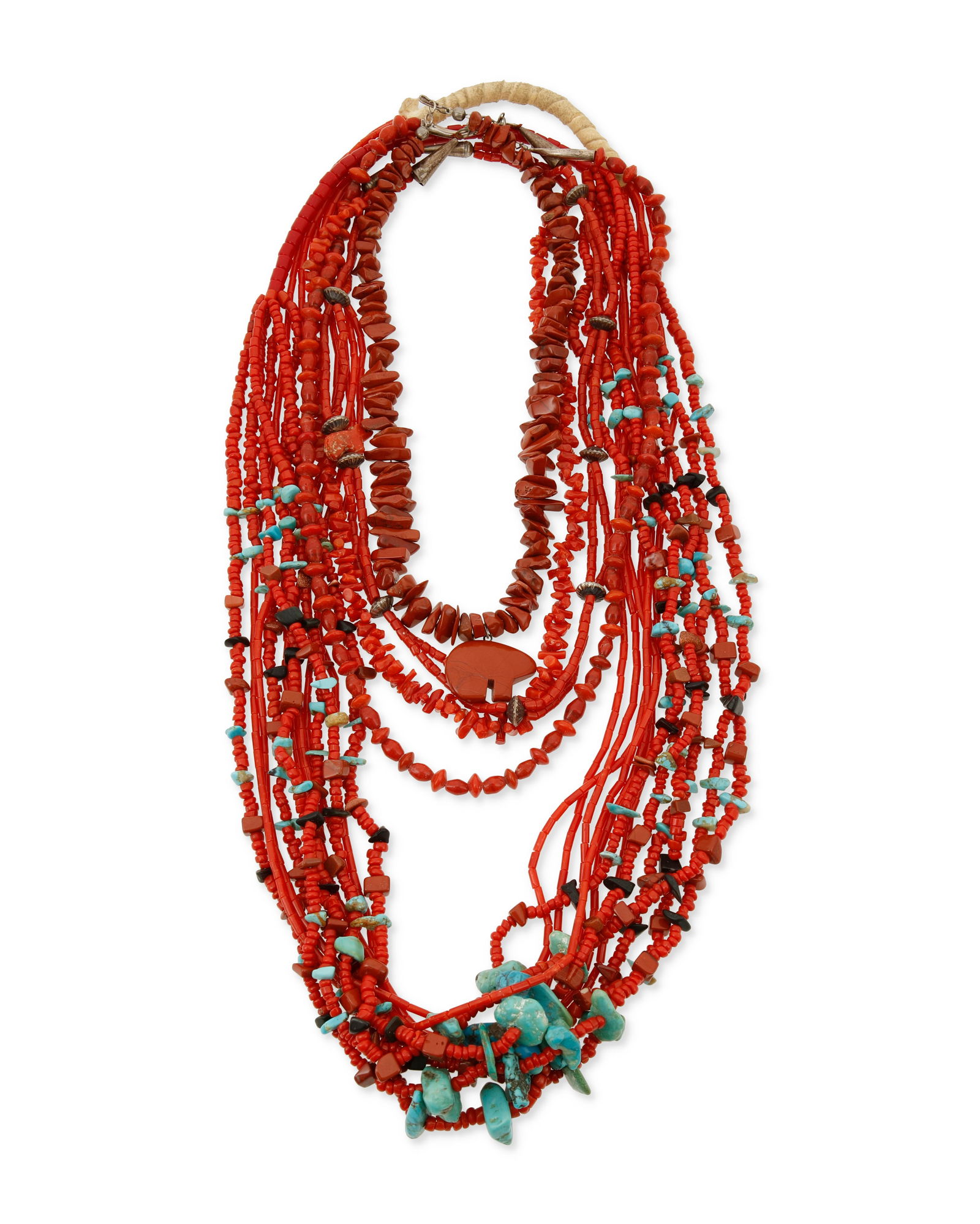A group of Southwest coral and glass necklaces: A group of Southwest coral and glass necklacesMid/late 20th centuryComprising a delicate six-strand barrel coral necklace with leather wrapped neck cord, a chunky six-strand coral and glass bead neckl