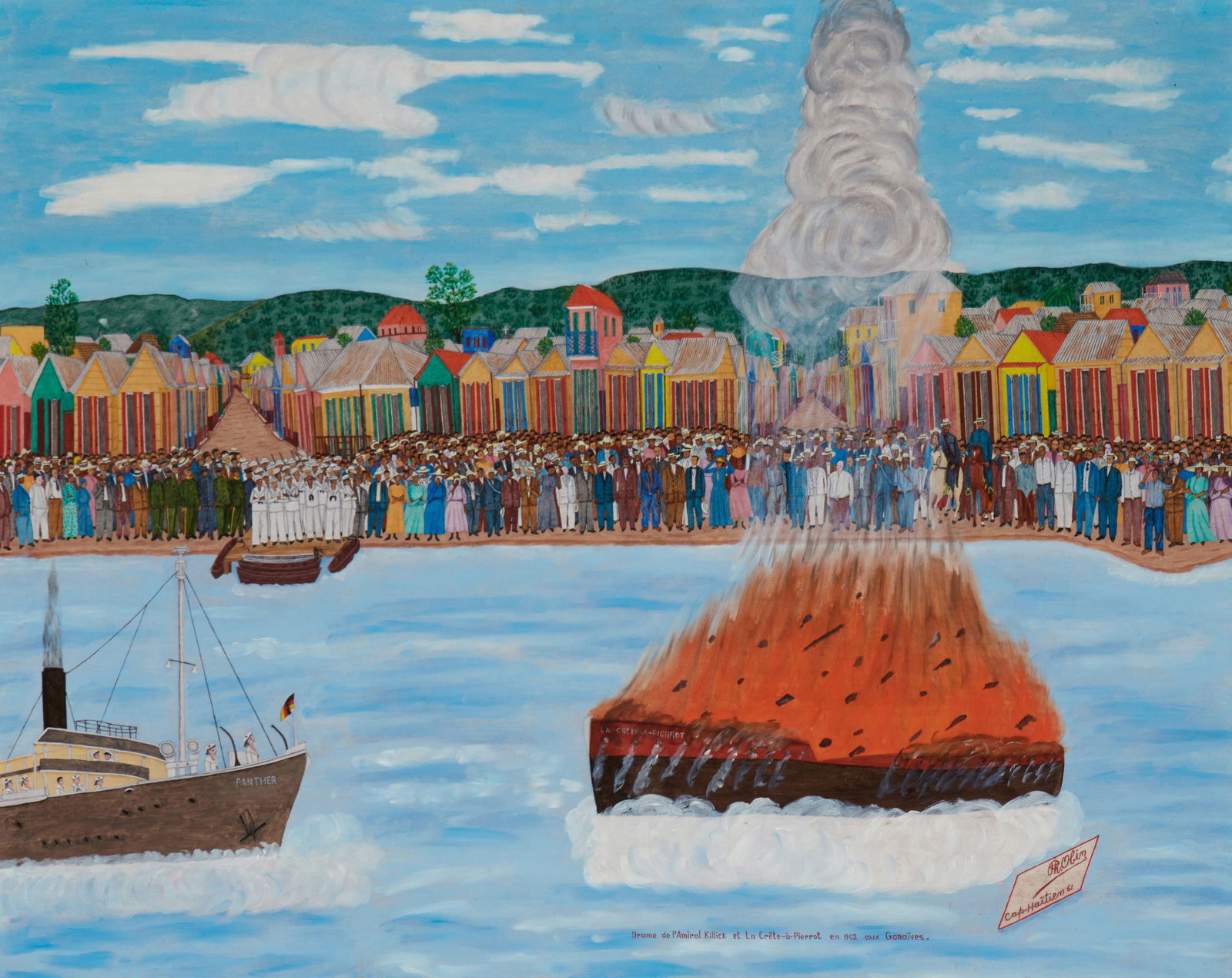 Philome Obin (1892-1986), "Drame de l'Amiral Killick et La Crete-a-Pierrot en 1902 aux Gonaives,": Philome Obin(1892-1986)"Drame de l'Amiral Killick et La Crete-a-Pierrot en 1902 aux Gonaives," 1961Oil on MasoniteSigned, titled, dated, and inscribed in the lower edge: Ph. Obin / Cap-Haiti