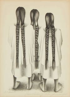 Francisco Dosamantes (1911-1986, Mexican), "Tres Yayaltecas" / Three Yayaltecan Women, 1946: Francisco Dosamantes (1911-1986, Mexican) "Tres Yayaltecas" / Three Yayaltecan Women, 1946 Lithograph on cream paper From the edition of unknown size Signed and indistinctly inscribed in