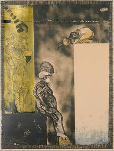 Jose Luis Cuevas (1934-2017, Mexican), "Tower of Babel," 1972: Jose Luis Cuevas (1934-2017, Mexican) "Tower of Babel," 1972 Lithograph with gold foil collage on wove paper Edition: 68/150 Signed upper left: Cuevas; numbered in white pencil near the