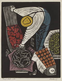 Emmy Lou Packard (1914-1998), "Front Street, 5am": Emmy Lou Packard (1914-1998) "Front Street, 5am" Linocut in colors on Japanese paper From the edition of unknown size Signed and titled in pencil in the lower margin: Packard Image: