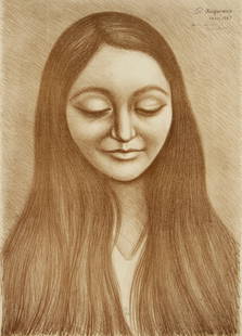 Ra?l Anguiano (1915-2006, Mexican), "Sonrisa Maya," 1967: Ra?l Anguiano (1915-2006, Mexican) "Sonrisa Maya," 1967 Lithograph in brown ink on paper Edition: 18/60 Signed, dated, and inscribed upper right: R. Anguiano / Paris, 1967; initialed and