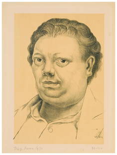 Diego Rivera (1886-1957, Mexican), "Self Portrait," 1930: Diego Rivera (1886-1957, Mexican) "Self Portrait," 1930 Lithograph in black and beige on smooth wove paper Edition: 76/100 Signed, dated, and numbered in grease pencil in the lower margin: