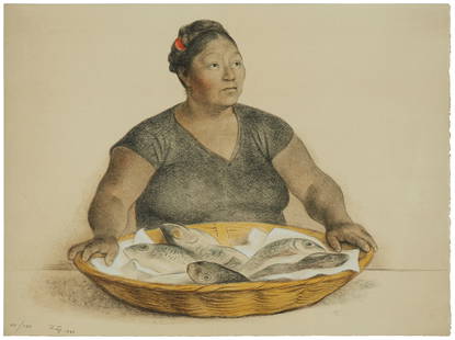 Francisco Zúñiga (1912-1998, Mexican), "Mujer con Pescados," 1980: Francisco Zúñiga (1912-1998, Mexican) "Mujer con Pescados," 1980 Lithograph in colors on Arches paper Edition: 45/135 Signed, dated, and numbered in pencil lower left: Z?Òiga 1980; Mourlot
