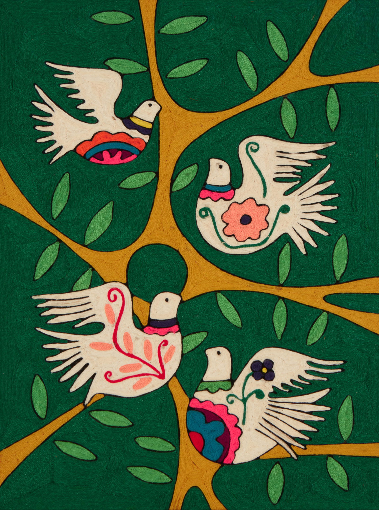 A Huichol yarn painting: A Huichol yarn painting20th century, Huichol people; MexicoUnsignedIn polychrome yarn depicting peace doves within an arboreal motif scene on a deep green backgroundSight: 23.625" H x 17.75"