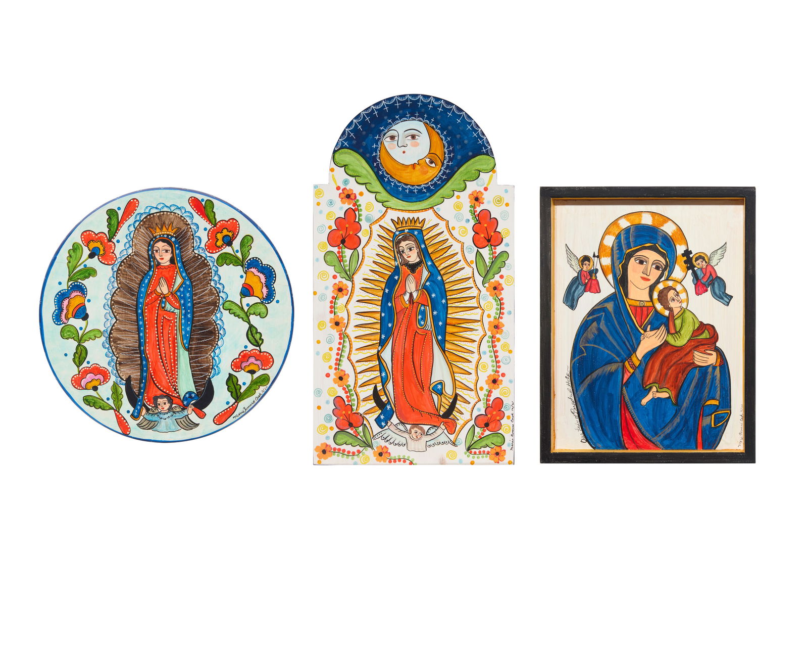 Marie Romero Cash (b. 1942, American), Three polychrome wood plaques of Mother Mary, 2021-2022 (1 of 13)