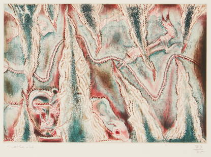 Francisco Toledo (1940-2019, Mexican), "Cazador Catalan," 1985: Francisco Toledo(1940-2019, Mexican)"Cazador Catalan," 1985Etching in colors on GVA-RRO paperEdition: 33/75Signed and numbered in pencil in the lower margin: ToledoPlate: 10" H x 14.75&