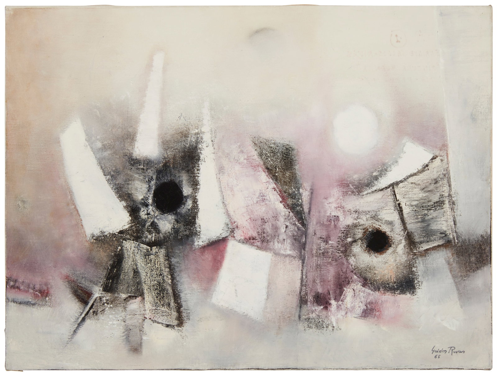Enrique Galdos Rivas (b. 1933, Peruvian), "Pintura Blanca," 1965: Enrique Galdos Rivas (b. 1933, Peruvian) "Pintura Blanca," 1965 Oil on canvas Signed and dated lower right: Galdos Rivas / 65; signed and dated again, and titled, all verso: Lima-Peru 25.5&q