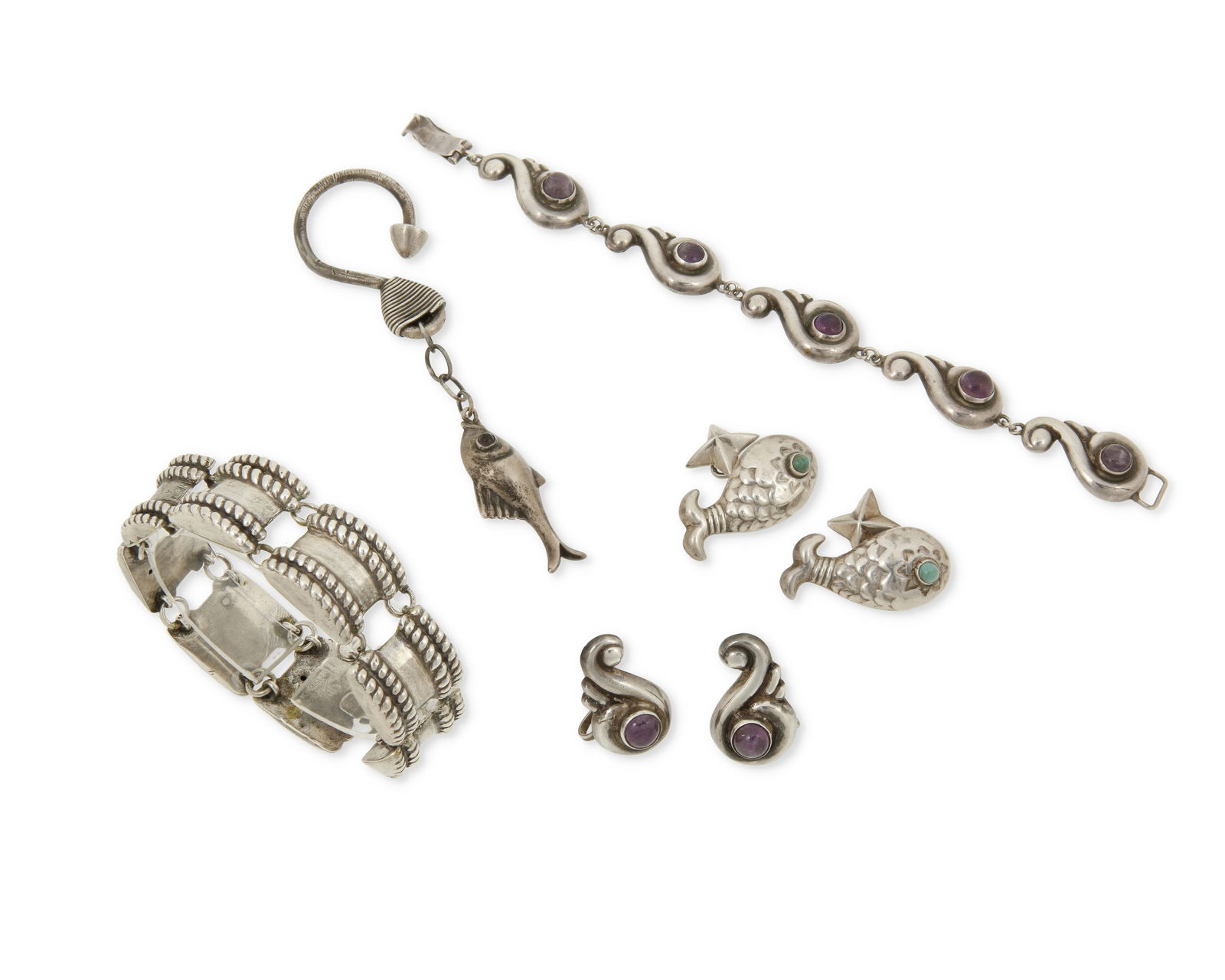 A group of Hubert Harmon Mexican silver and amethyst jewelry: A group of Hubert Harmon Mexican silver and amethyst jewelryHubert Harmon (1913-2004)Circa 1944-1948; Mexico City, MexicoEach stamped for Hubert Harmon, sterling, and MexicoFive works in sterling silv