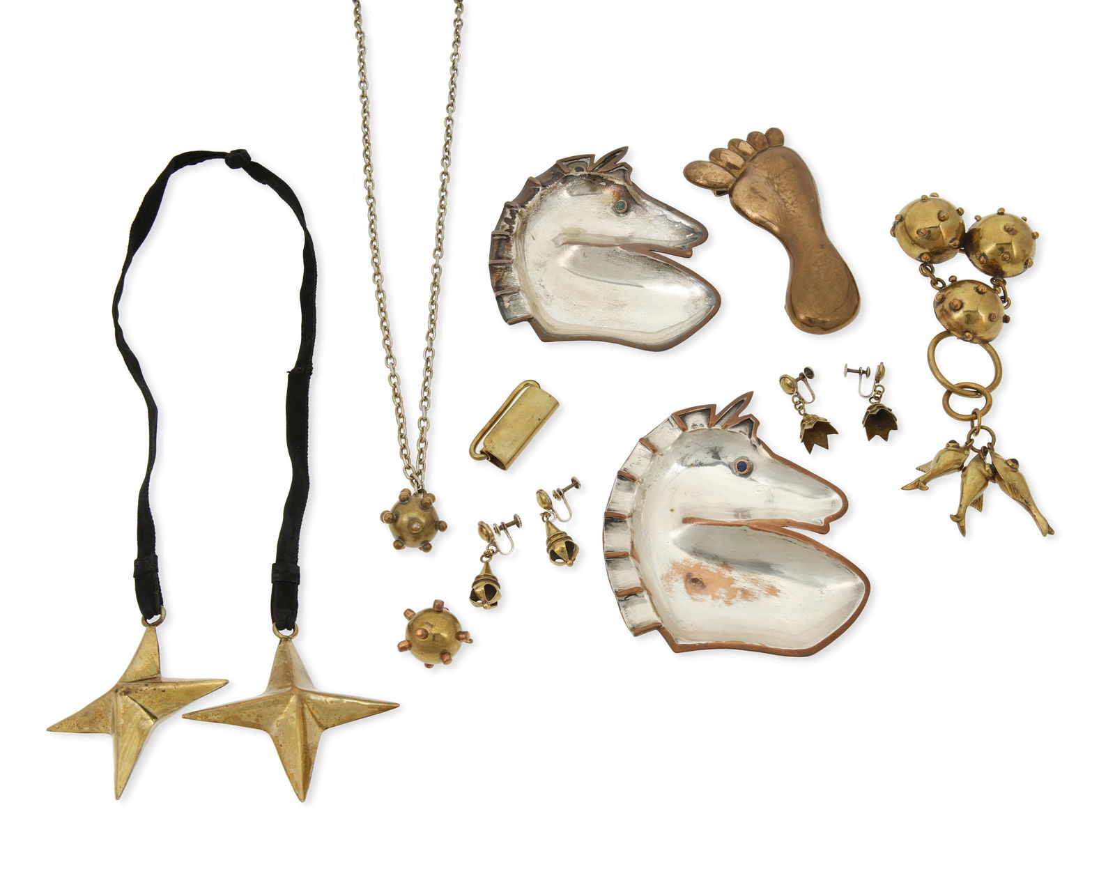 A large group of Mexican mixed metal jewelry: A large group of Mexican mixed metal jewelryMid/late 20th centuryVariously marked for maker and for MexicoTen works comprising two pairs of Hubert Harmon delicate brass earrings as well as a Hubert Ha