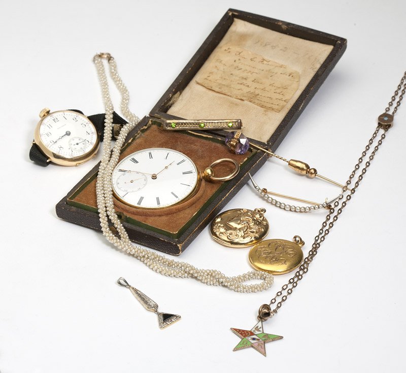 A group of antique jewelry: Including one converted 14K gold Waltham pocket watch, two gold lockets, two costume necklaces and two pins, one gold brooch, one gold pendant and one 18K gold Tobias pocket watch, 10 pcs, est:$500/70