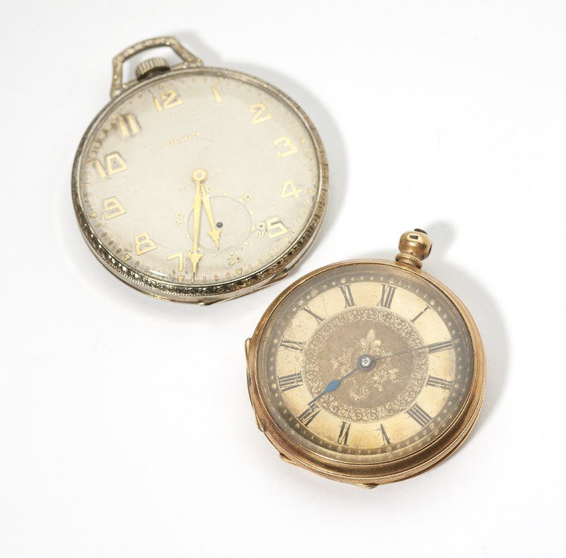 A collection of two gold pocket watches: One 18K gold case with metal cuvette, one 14K white gold Lord Elgin with crystal separated, 2 pcs, est:$500/700
