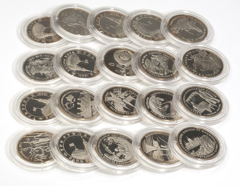 A Russian commemorative group of 20 metals: Each metal is minted in cupronickel and surface finished in silver, each medal represents events during the Soviet era, approximately 11oz. est:$400/600