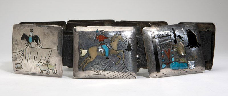 A Native American silver & hard stone inlay belt: With nine sectionals and one buckle, (sliders not silver), 23 oz gross, est:$400/600