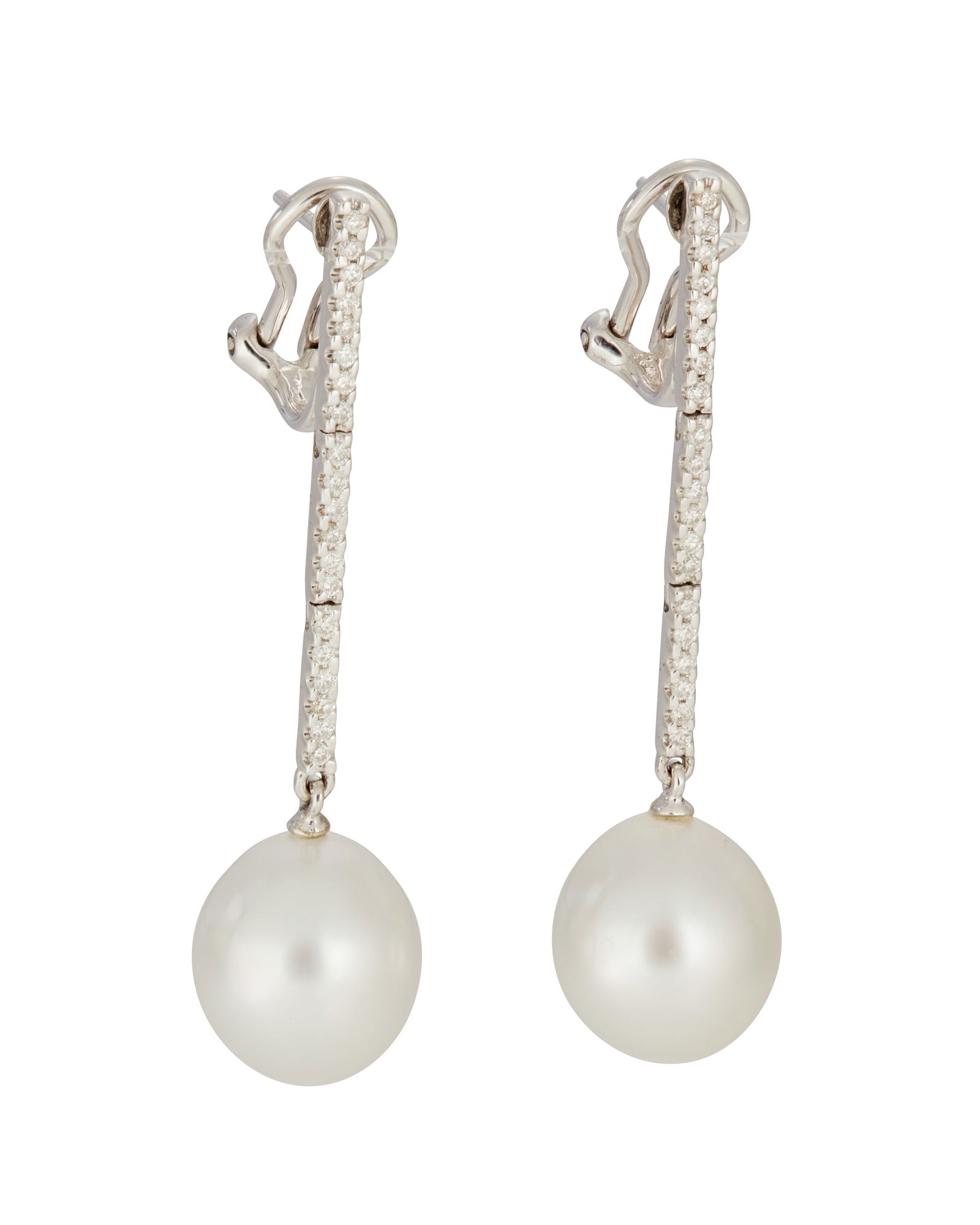 A Pair of 18K White Gold, Cultured Pearl, and Diamond Pendant Earrings (1 of 3)