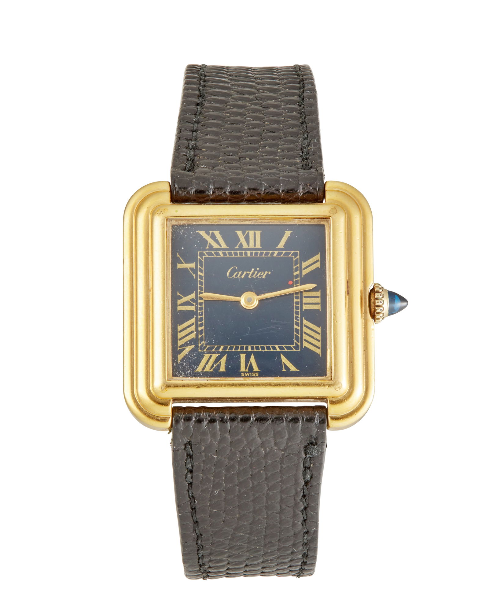 Cartier: A Gold Vermeil Tank Watch, c. 1970's: Cartier: A Gold Vermeil Tank Watch, c. 1970'sDial:?15 mm, black dial with roman numeral hour markersModel:?cal. 78.1Case:?28 mm, gold vermeilCase number:?1100466Closure:?black leather strap with gold