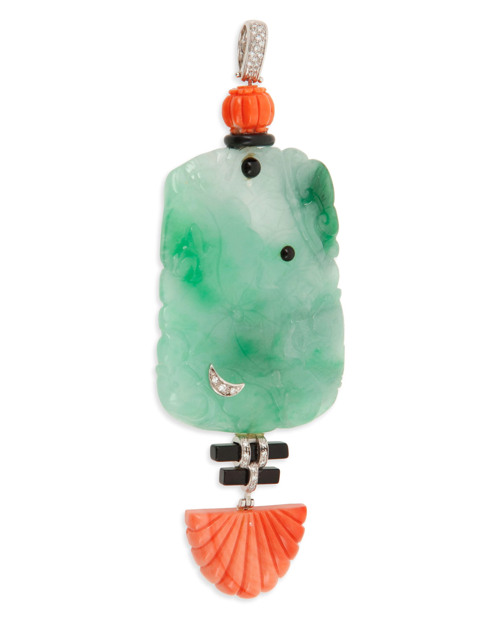 An 18K White Gold, Jade, Coral and Diamond Pendant (1 of 3)