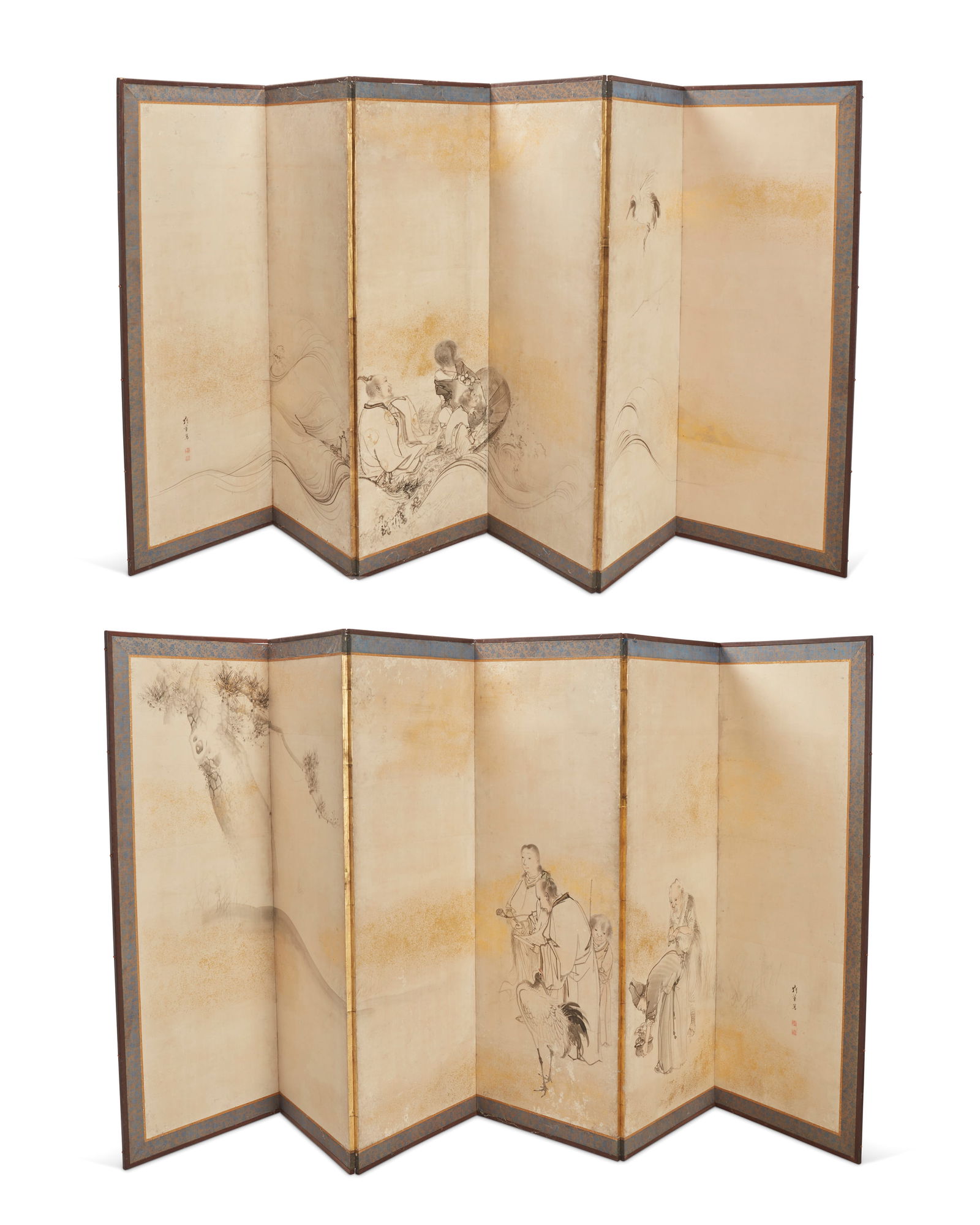 Shibata Gito (1780-1819), A pair of six-panel byobu screens, late 18th/early 19th century: Shibata Gito (1780-1819)A pair of six-panel byobu screens, late 18th/early 19th centuryEach signed at opposing lower cornersThe painted and gilt rice paper screens in later ebonized wood frames, each