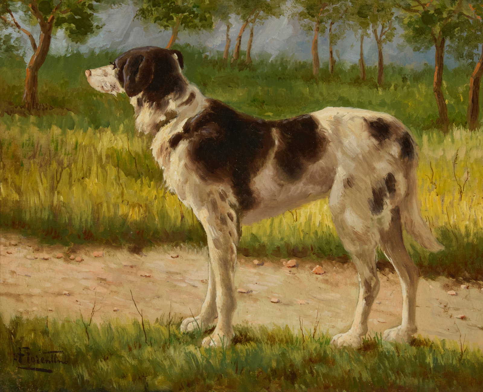 H. Fiorentino (20th century), "Doggo": H. Fiorentino (20th century) "Doggo" Oil on canvas laid to canvas Signed lower left: H. Florentino; titled by repute 13" H x 15.75" W