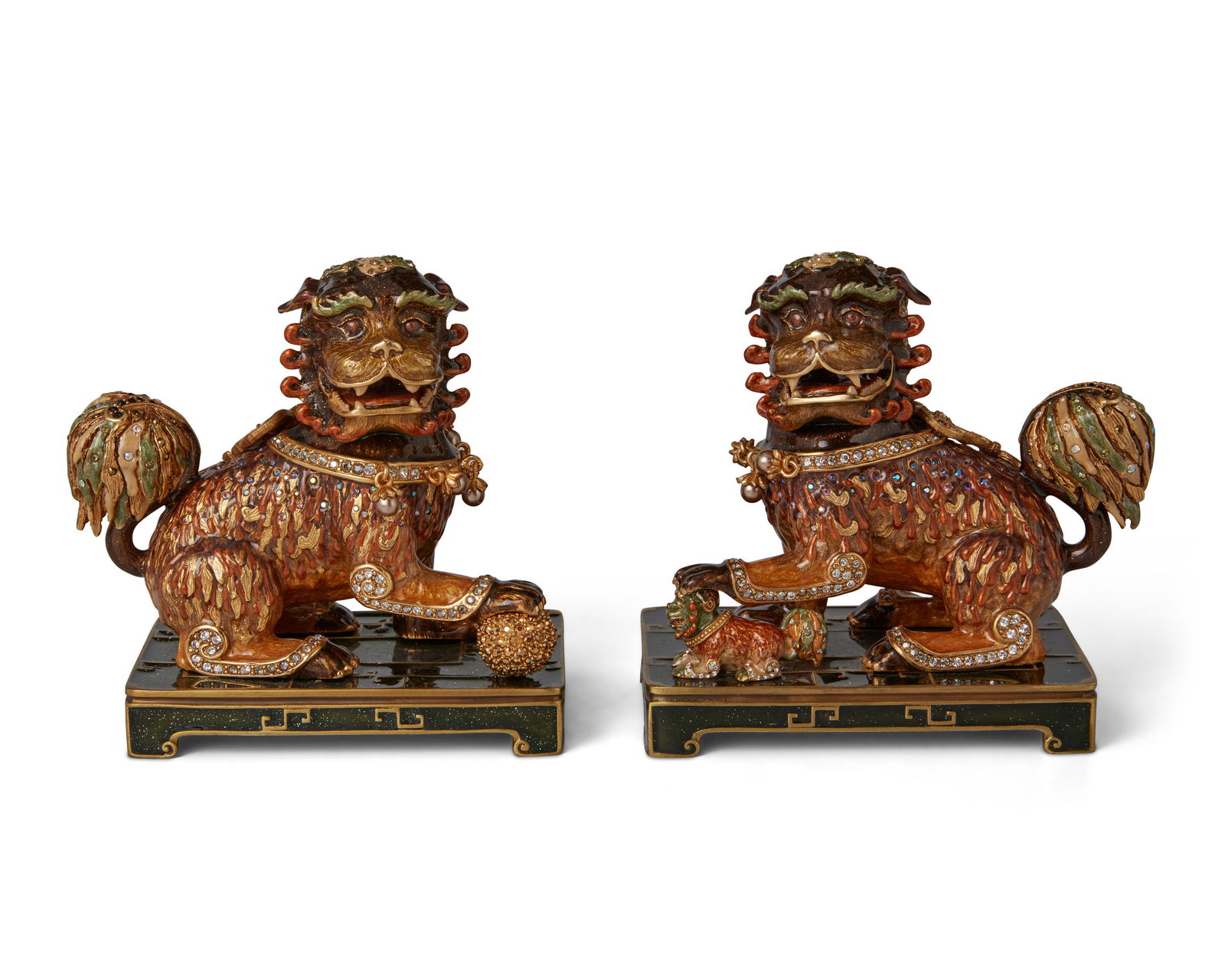 A pair of Jay Strongwater fu lion figurines: A pair of Jay Strongwater fu lion figurines2010Editions: 16/300 and 163/300Each signed and dated in script to underside; each with impressed edition to undersideComprising "Adina" and "
