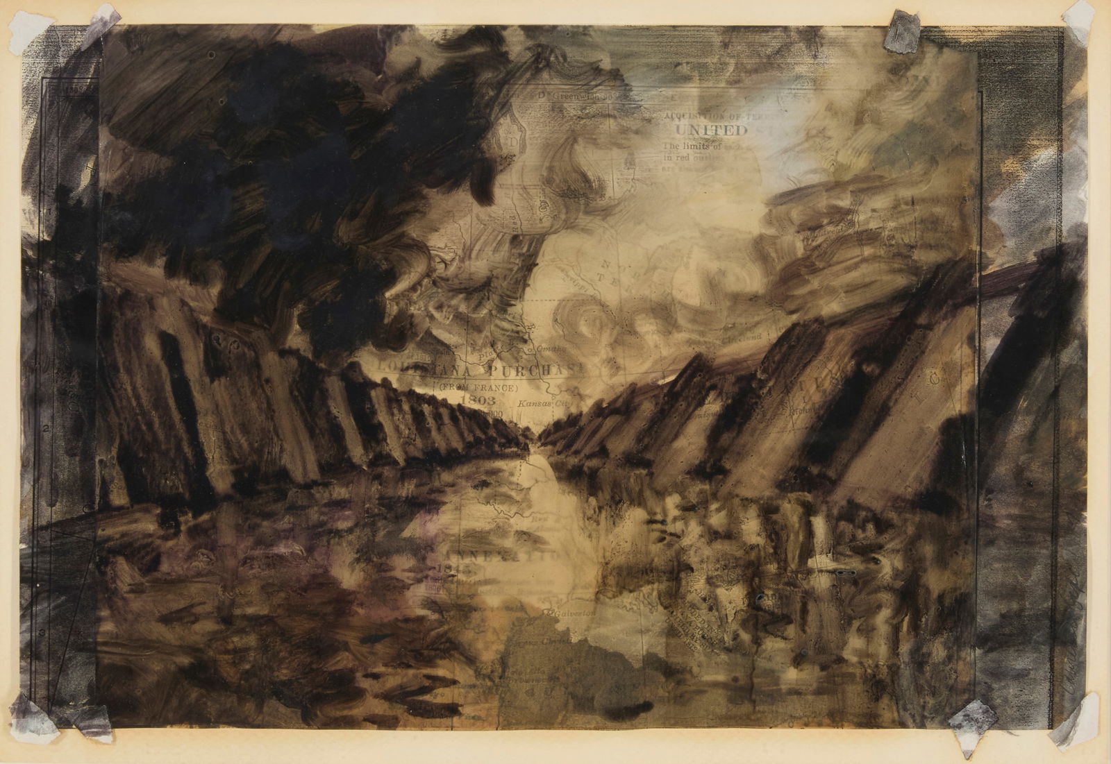 Lawrence Gipe (b. 1962), "Canal Study with Map #1," 1987: Lawrence Gipe(b. 1962)"Canal Study with Map #1," 1987Oil on vellum on a found mapSigned and dated in pencil on the lower right edge of the found map: Lawrence Gipe 1987; dated again and titl