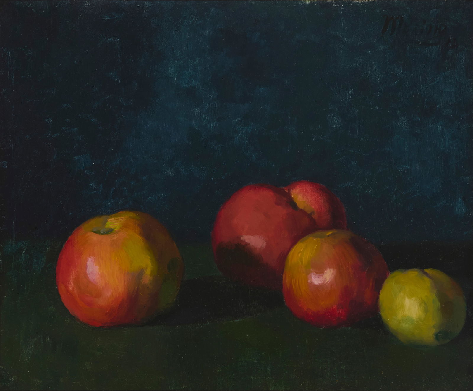 Edmund Pick-Morino (1877-1958), Still life of fruit on a green table, 1912: Edmund Pick-Morino(1877-1958)Still life of fruit on a green table, 1912Oil on canvas laid to canvasSigned and dated in the upper right corner: Morino 1214 H x 17.125" W "